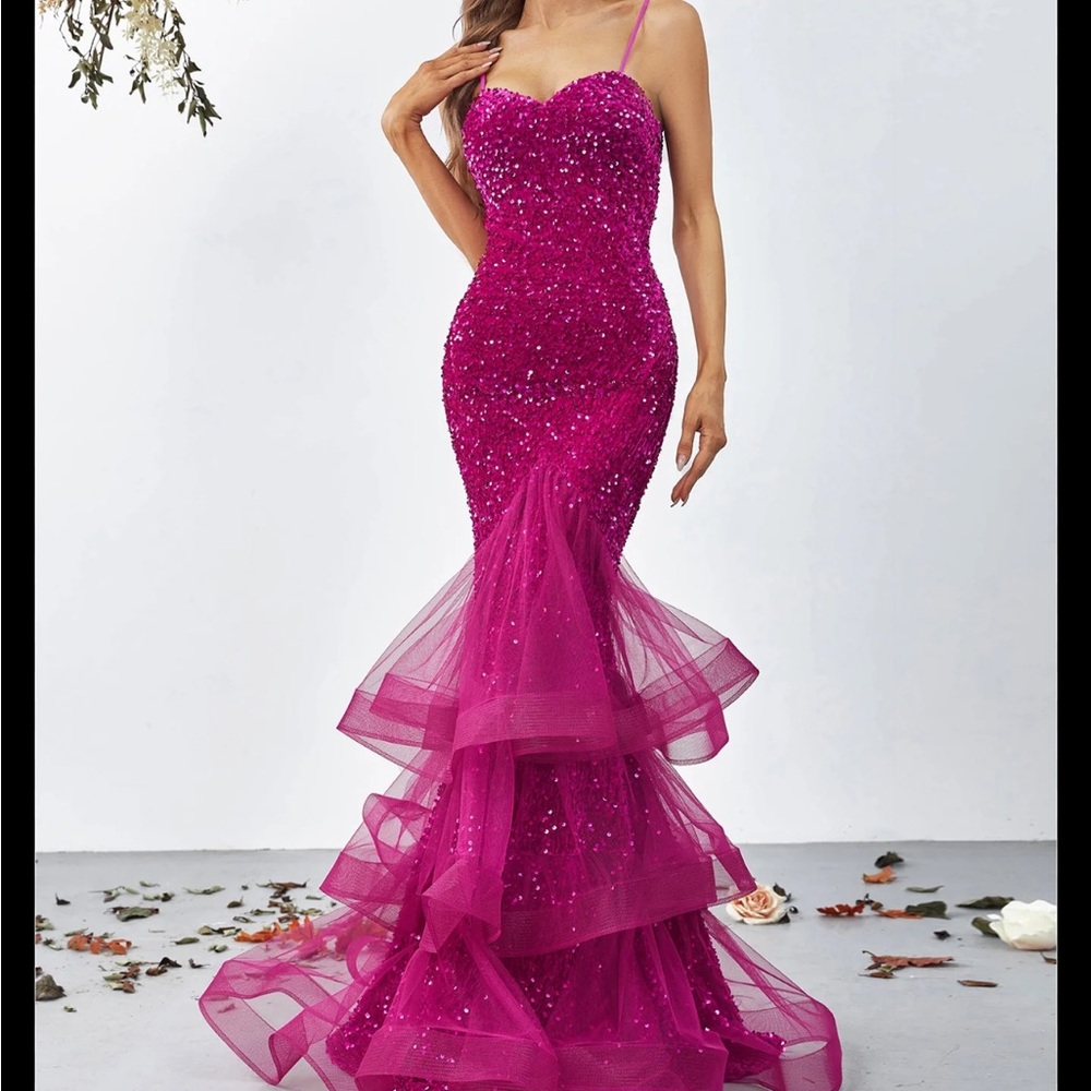 Hot Pink Sequin Ruffle Evening Gown